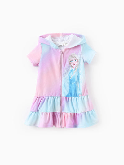 Disney Frozen Toddler Girl 1pc Elsa Tie-dyed Print Hooded Zipper Ruffle-hem Swim Cover-up Purple