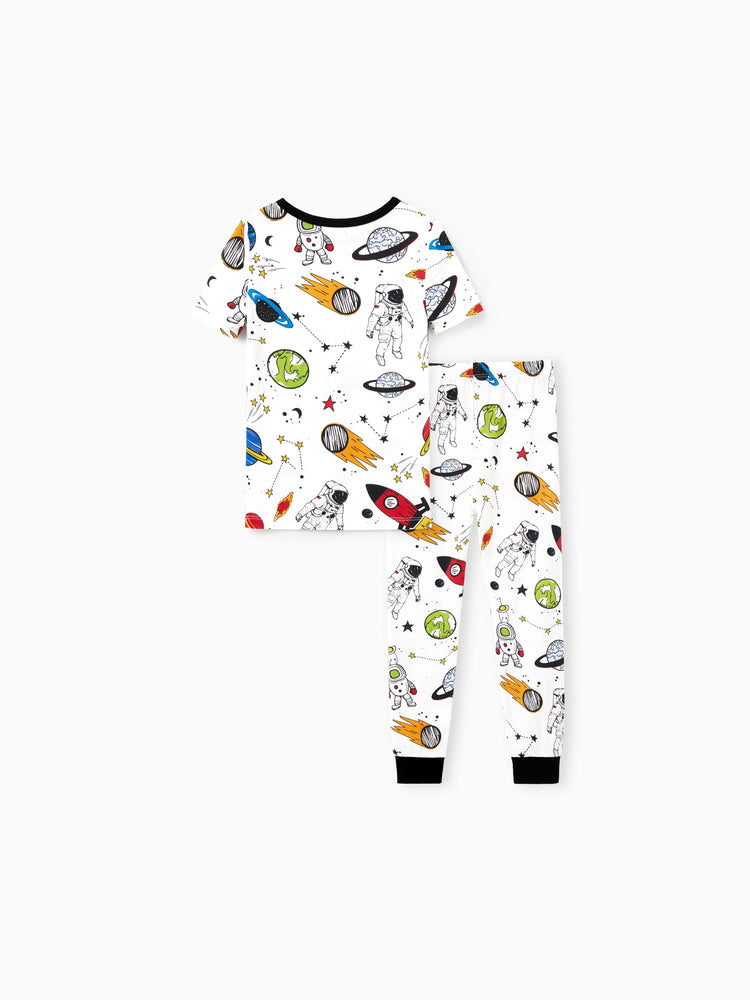 Pyjama familial en bambou, imprimé sur le thème de l'espace, ensemble de pyjama assorti à manches courtes (ajusté pour les enfants) blanc