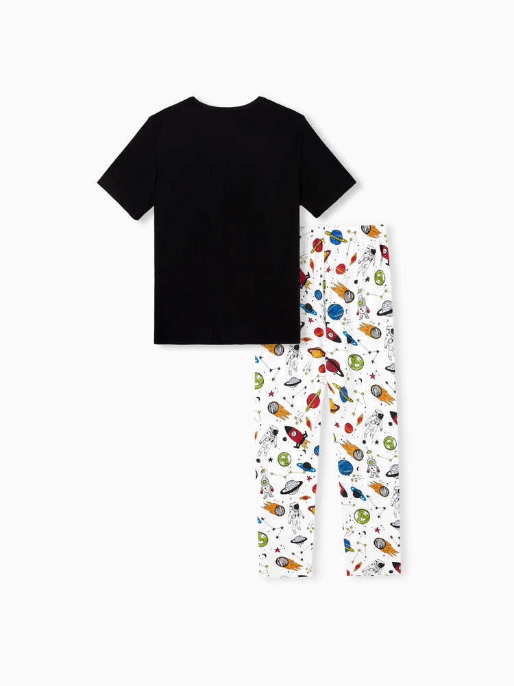 Pyjama familial en bambou, imprimé sur le thème de l'espace, ensemble de pyjama assorti à manches courtes (ajusté pour les enfants) blanc