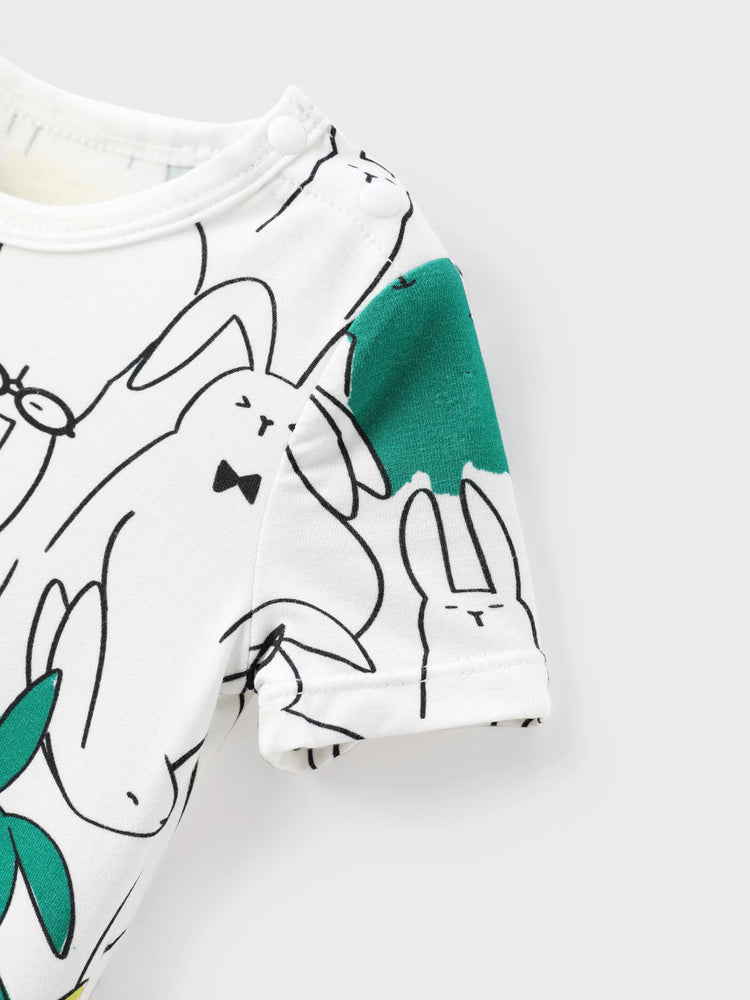 Bamboo Family Pajamas Rabbit Print Short-sleeve Matching Pajama Set (Snug-Fitting for Children) White