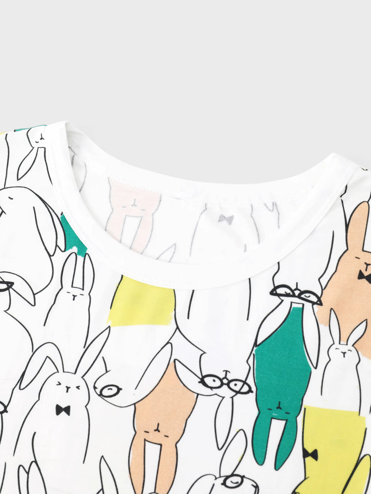Bamboo Family Pajamas Rabbit Print Short-sleeve Matching Pajama Set (Snug-Fitting for Children) White