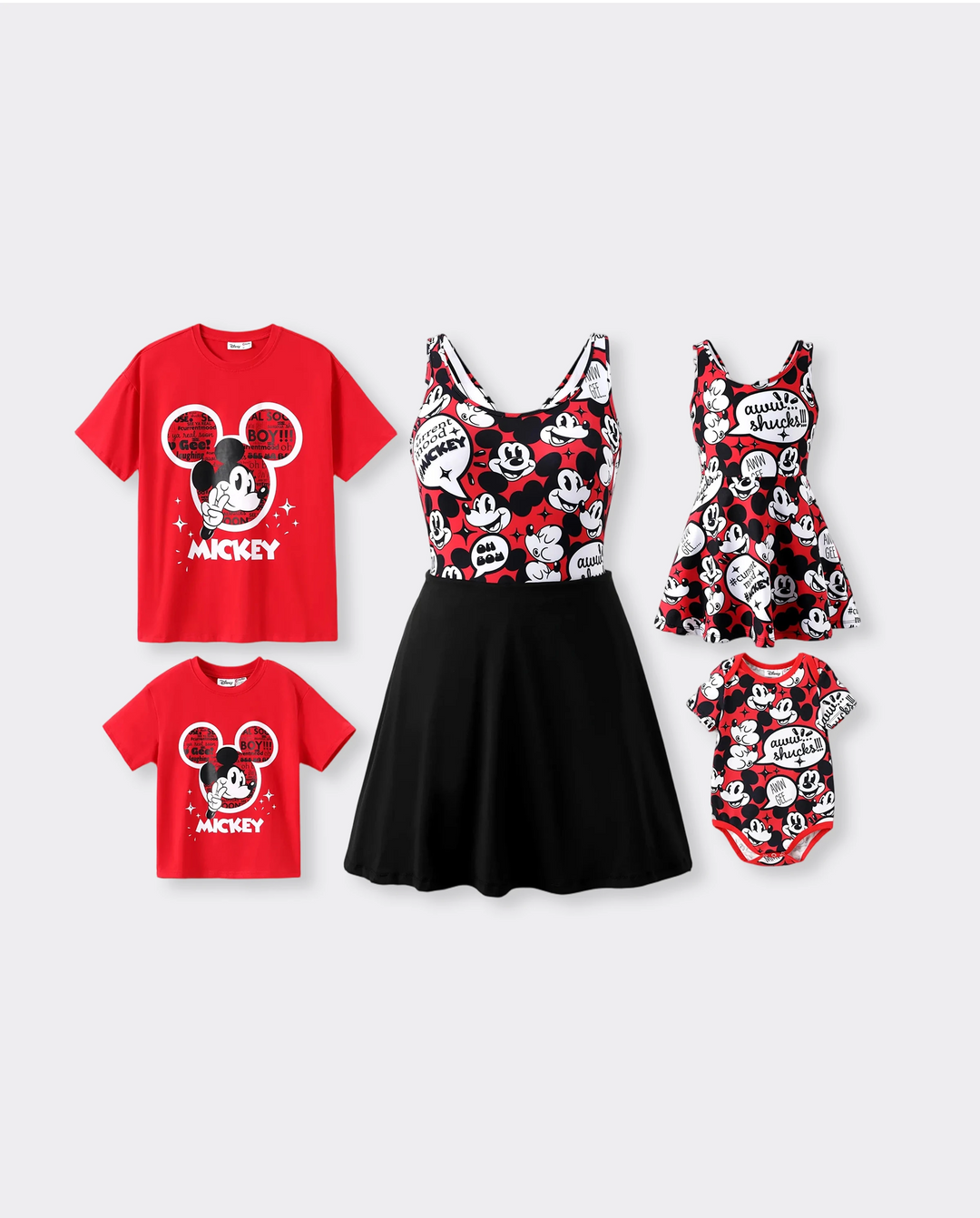 Disney Mickey and Friends Family matching 1pc Mickey Mouse Graffiti Cotton T-shirt or Colorblock Dress with Built-in Shorts & Pockets or Naia™ Allover Romper Red