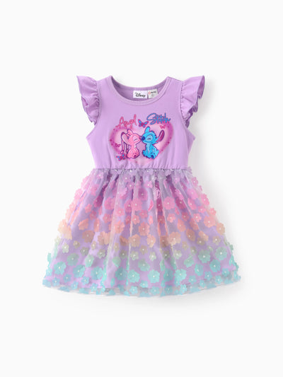 Disney Stitch Toddler/Kid Girl 2pcs Cotton Character Heart Floral Pattern Gradient Mesh Dress Purple