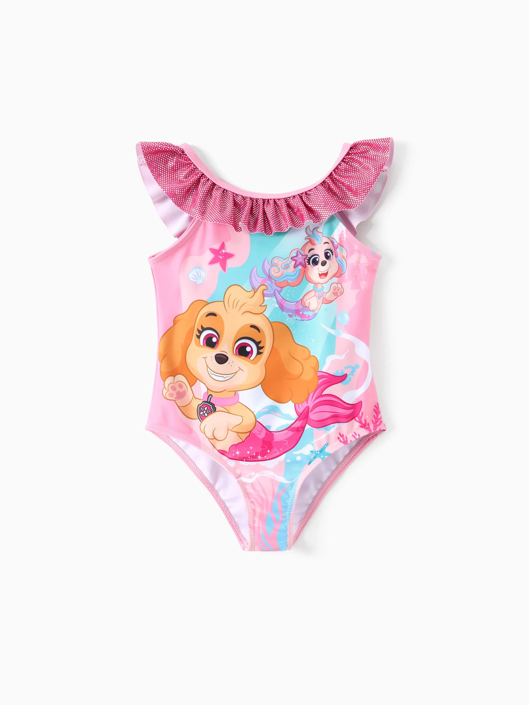 Maillot de bain 1 pièce pour petite fille de la Pat'Patrouille, motif Skye, matière brillante, volants, protection UPF 50+, rose vif