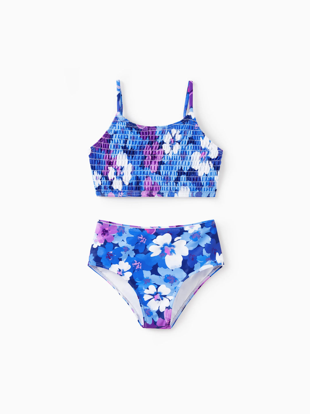 Bañador de dos piezas con tirantes fruncidos y estampado floral para niña pequeña Púrpura