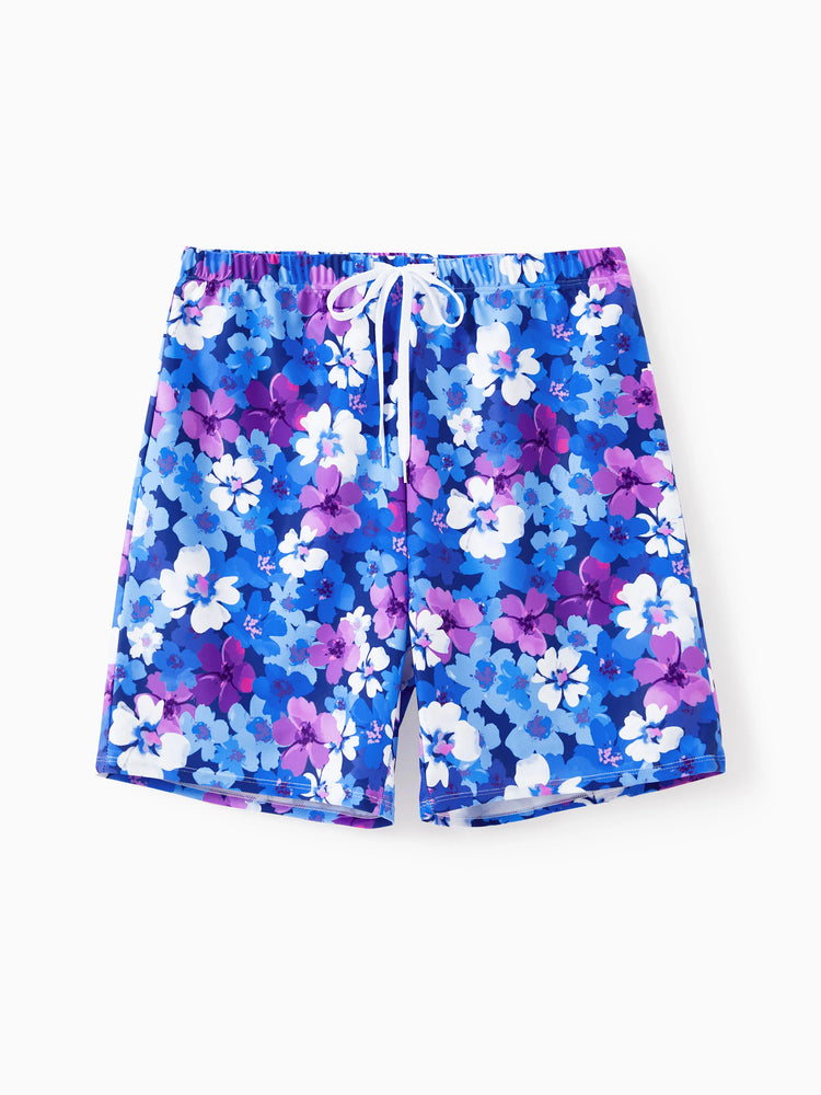 Family Matching Flora Swim Trunks or Smocking Strap two-piece Swimsuit Purple