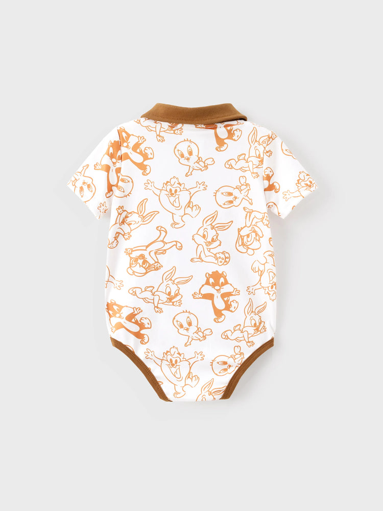 Combinaison bébé garçon Looney Tunes 1 pièce avec imprimé personnage et coutures colorblock, manches courtes et col polo, marron