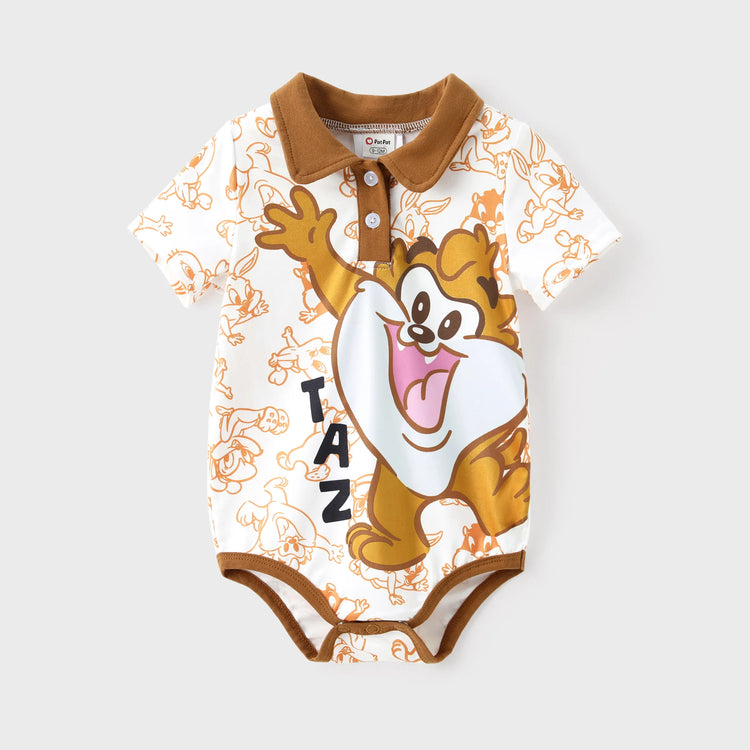 Combinaison bébé garçon Looney Tunes 1 pièce avec imprimé personnage et coutures colorblock, manches courtes et col polo, marron