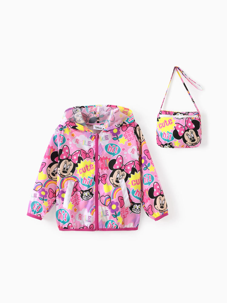 Disney Mickey and Friends Toddler Girl Minnie 1pc Allover Print Zipper Hooded Sun Protection Storage Long-sleeve Jacket Hot Pink