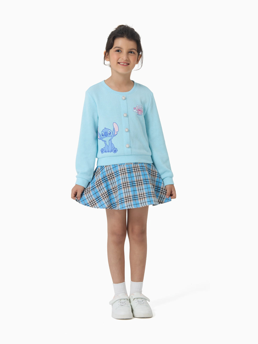 Ensemble 2 pièces Disney Stitch pour petite fille : jupe boutonnée en maille bleue