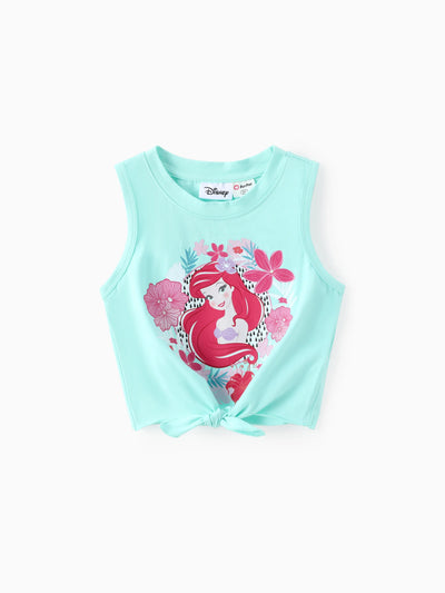Conjunto de 2 piezas de camiseta sin mangas y pantalones cortos con estampado floral de Ariel de algodón para niña pequeña de Disney, color verde