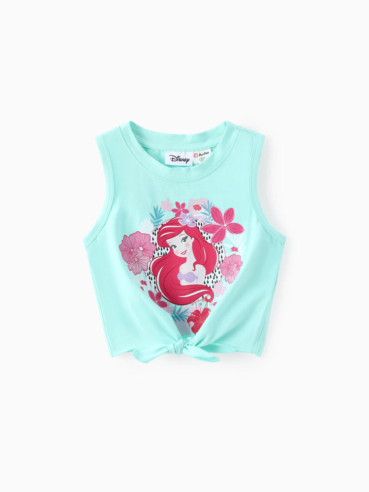 Disney Prinzessin Kleinkind Mädchen 2pcs Baumwolle Vaiana / Ariel Blumendruck geknotetes ärmelloses Tanktop und Shorts Set  grün