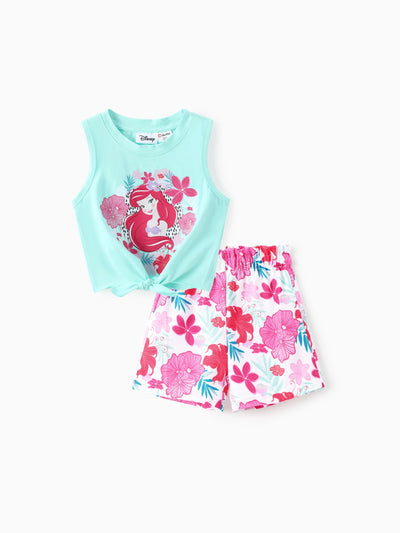 Disney Princess Toddler Girl 2pcs Cotton Ariel Floral Print Knotted Sleeveless Tank Top And Shorts Set Green