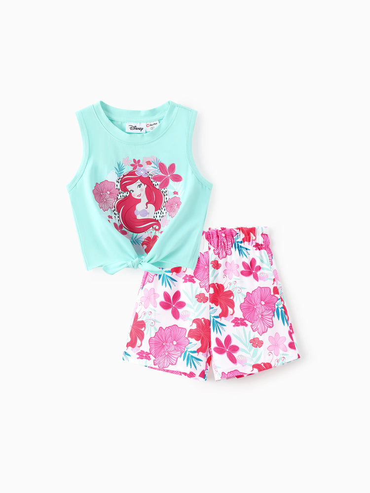 Disney Prinzessin Kleinkind Mädchen 2pcs Baumwolle Vaiana / Ariel Blumendruck geknotetes ärmelloses Tanktop und Shorts Set  grün