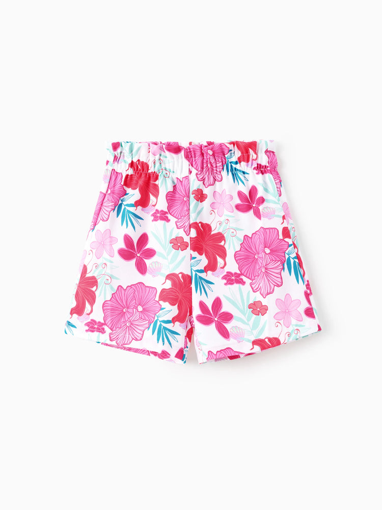 Disney Prinzessin Kleinkind Mädchen 2pcs Baumwolle Vaiana / Ariel Blumendruck geknotetes ärmelloses Tanktop und Shorts Set  grün