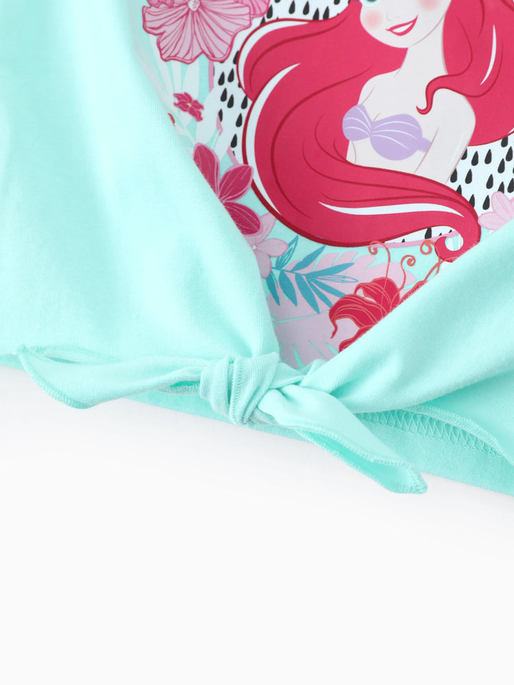 Disney Prinzessin Kleinkind Mädchen 2pcs Baumwolle Vaiana / Ariel Blumendruck geknotetes ärmelloses Tanktop und Shorts Set  grün