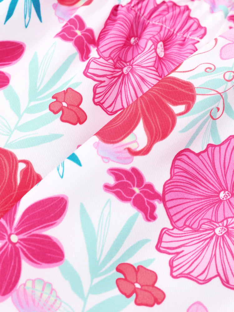 Disney Prinzessin Kleinkind Mädchen 2pcs Baumwolle Vaiana / Ariel Blumendruck geknotetes ärmelloses Tanktop und Shorts Set  grün