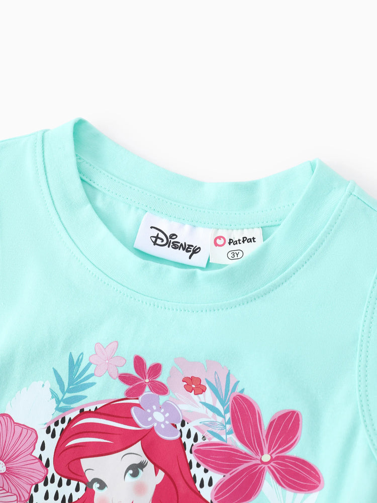 Disney Prinzessin Kleinkind Mädchen 2pcs Baumwolle Vaiana / Ariel Blumendruck geknotetes ärmelloses Tanktop und Shorts Set  grün
