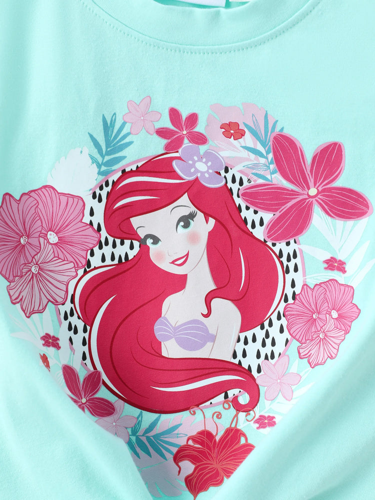 Disney Prinzessin Kleinkind Mädchen 2pcs Baumwolle Vaiana / Ariel Blumendruck geknotetes ärmelloses Tanktop und Shorts Set  grün