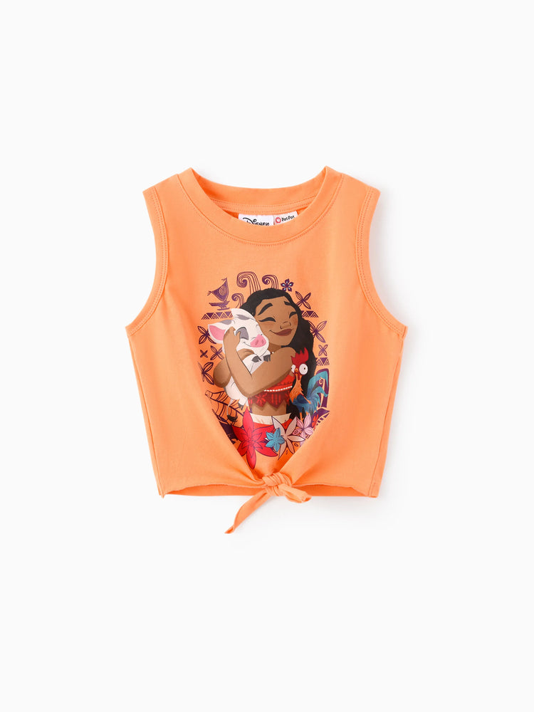 Conjunto de 2 piezas de camiseta sin mangas y pantalones cortos anudados de algodón Moana para niña pequeña de Disney, color naranja