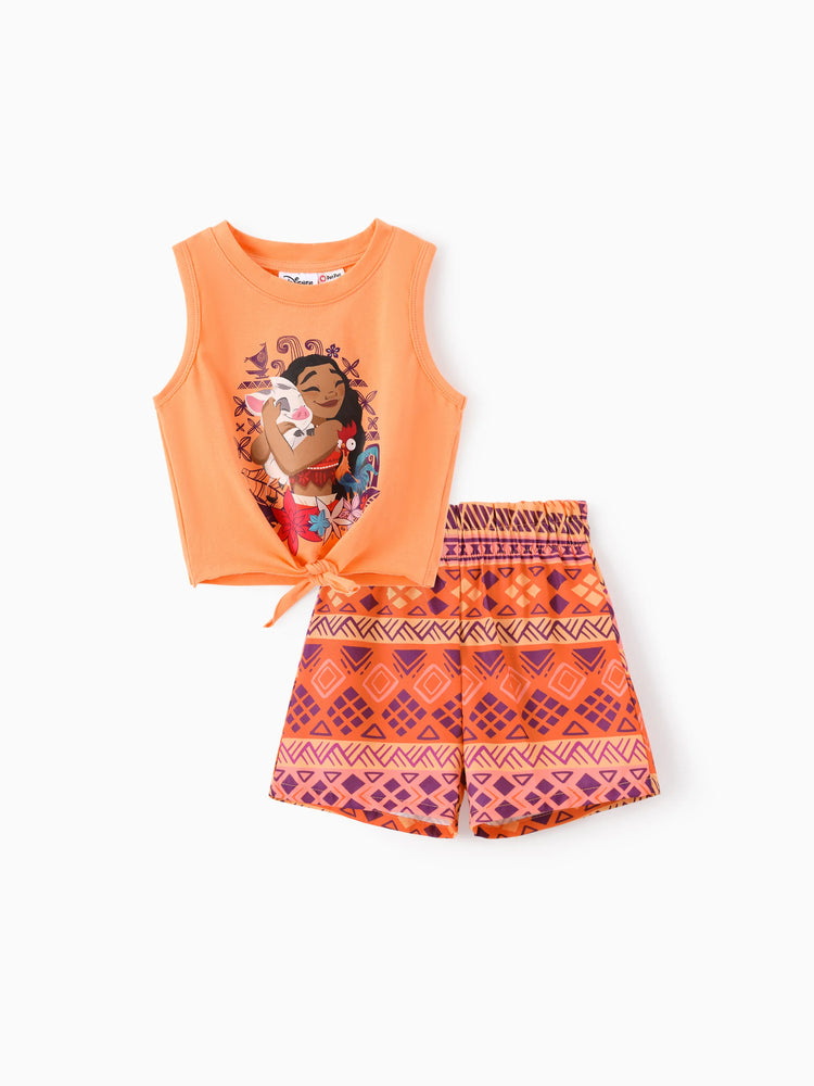 Conjunto de 2 piezas de camiseta sin mangas y pantalones cortos anudados de algodón Moana para niña pequeña de Disney, color naranja