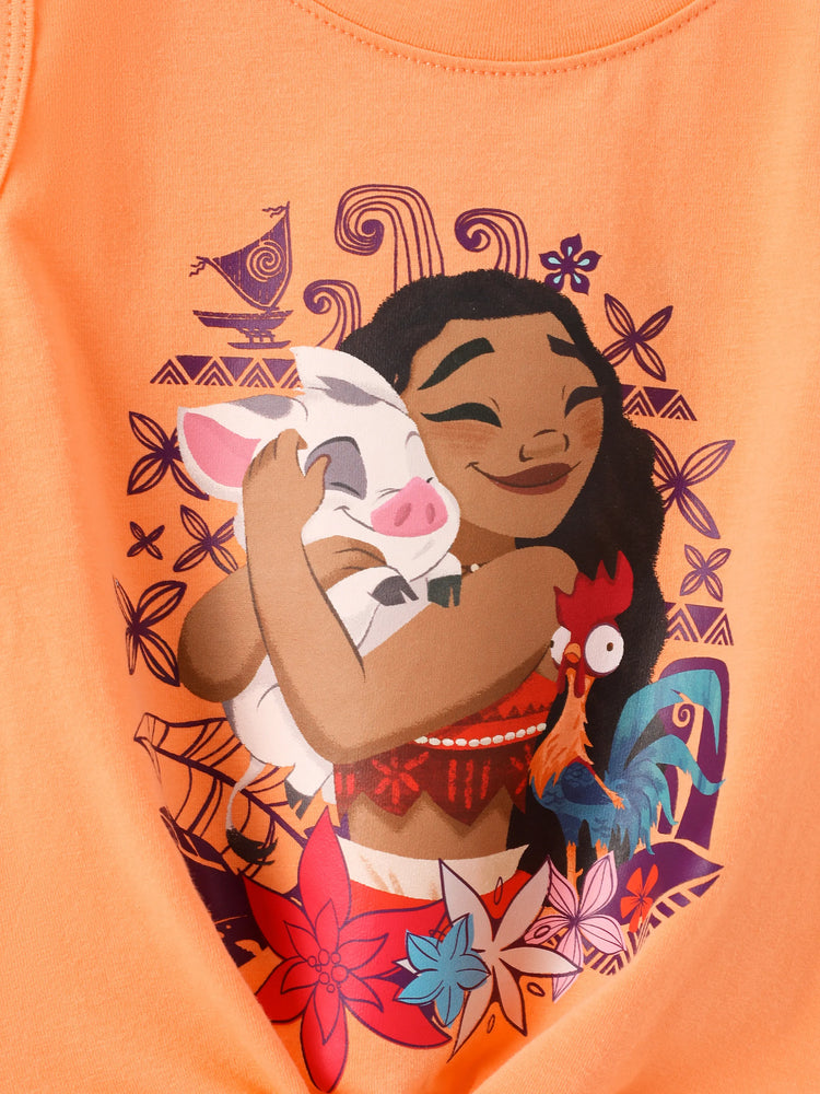 Conjunto de 2 piezas de camiseta sin mangas y pantalones cortos anudados de algodón Moana para niña pequeña de Disney, color naranja