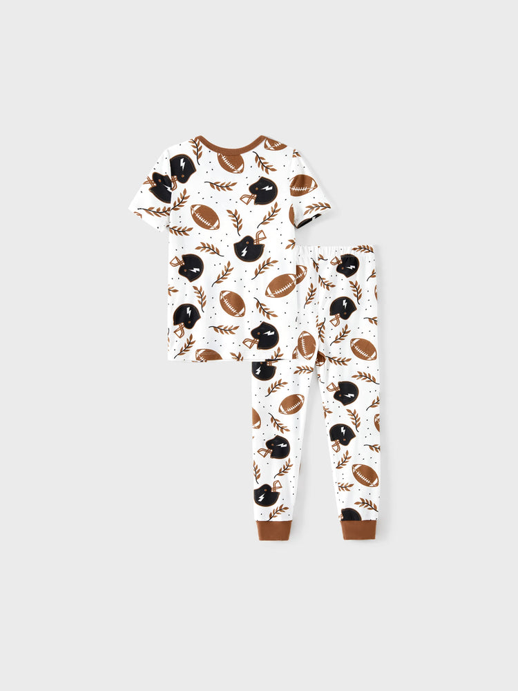 Bamboo Family Pajamas Football and Letter Print Short-sleeve Matching Pajama Set ( Snug-Fitting for Children ) Khaki