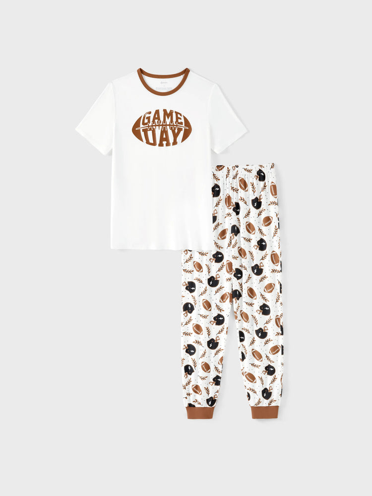 Bamboo Family Pajamas Football and Letter Print Short-sleeve Matching Pajama Set ( Snug-Fitting for Children ) Khaki