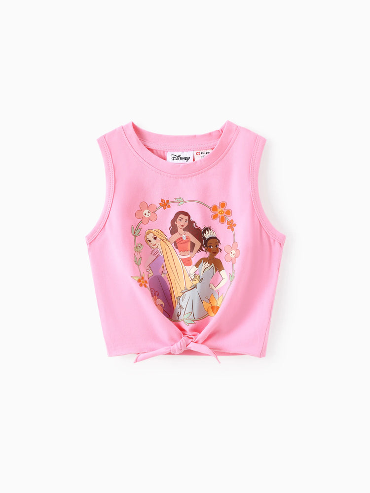 Conjunto de 2 piezas de camiseta sin mangas y pantalones cortos con nudo de algodón con estampado floral de Moana, Tiana y Rapunzel para niña pequeña de Disney, color rosa