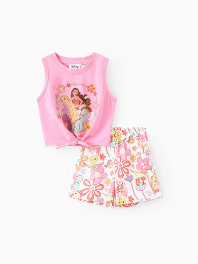 Disney Princess Toddler Girl 2pcs Moana/Tiana/Rapunzel Cotton Floral Print Knotted Sleeveless Tank Top And Shorts Set Pink