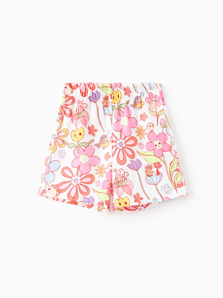 Conjunto de 2 piezas de camiseta sin mangas y pantalones cortos con nudo de algodón con estampado floral de Moana, Tiana y Rapunzel para niña pequeña de Disney, color rosa