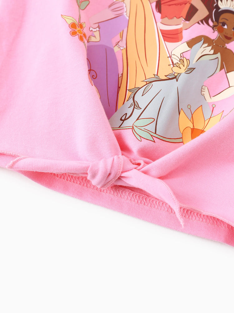 Conjunto de 2 piezas de camiseta sin mangas y pantalones cortos con nudo de algodón con estampado floral de Moana, Tiana y Rapunzel para niña pequeña de Disney, color rosa