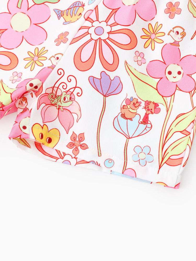 Conjunto de 2 piezas de camiseta sin mangas y pantalones cortos con nudo de algodón con estampado floral de Moana, Tiana y Rapunzel para niña pequeña de Disney, color rosa