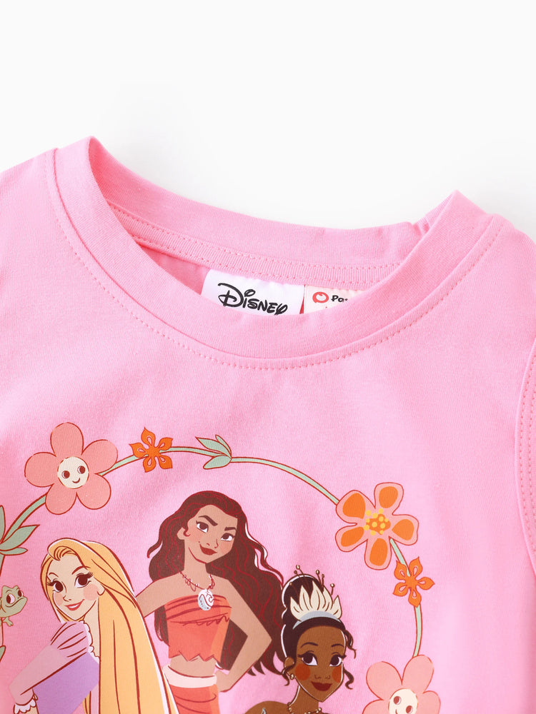 Conjunto de 2 piezas de camiseta sin mangas y pantalones cortos con nudo de algodón con estampado floral de Moana, Tiana y Rapunzel para niña pequeña de Disney, color rosa