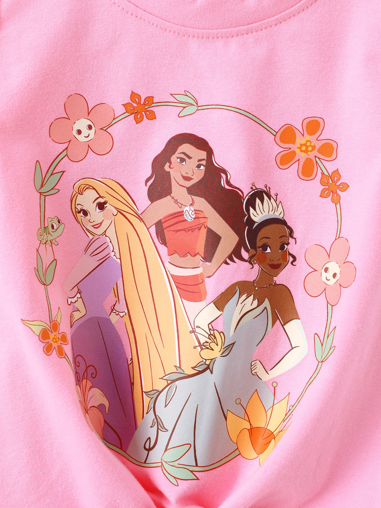 Conjunto de 2 piezas de camiseta sin mangas y pantalones cortos con nudo de algodón con estampado floral de Moana, Tiana y Rapunzel para niña pequeña de Disney, color rosa
