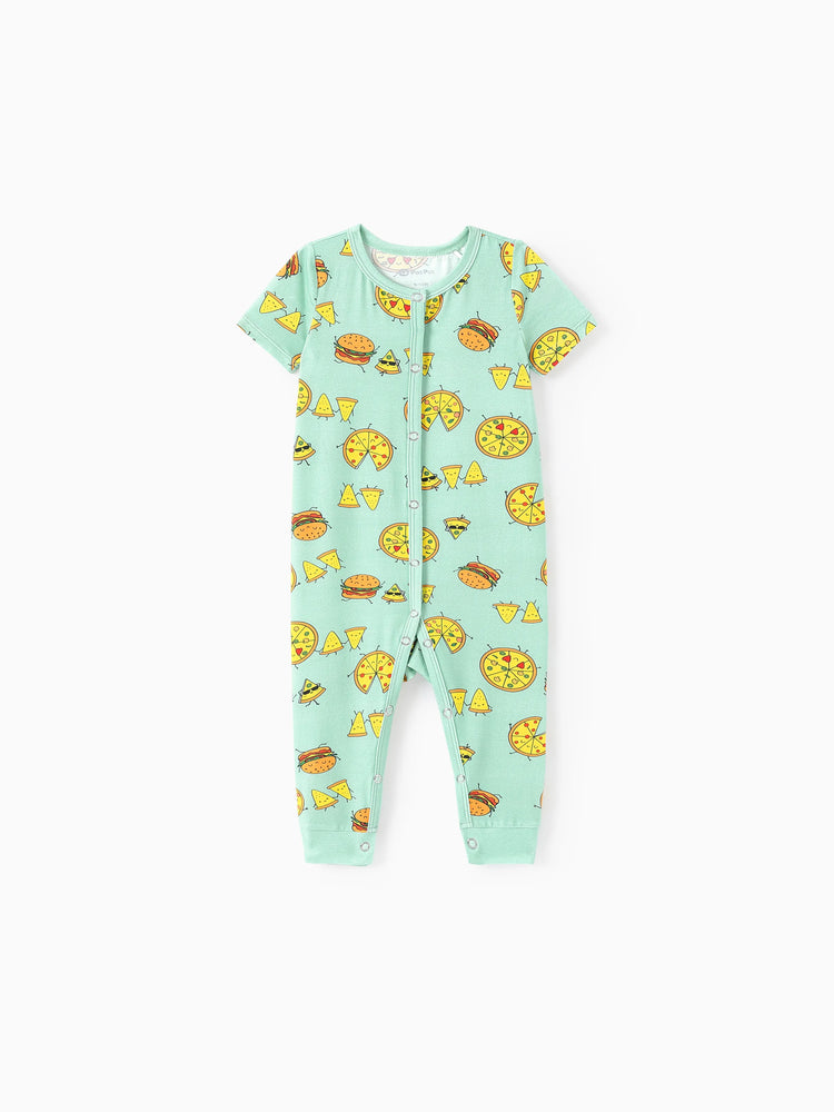 Pijamas familiares de bambú color menta para papá e hijo con estampado de tema de comida de dibujos animados, camiseta de manga corta y pantalones largos, conjunto de pijama a juego (ajustado para niños) Azul claro