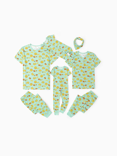 Pijama familiar de bambú verde menta con estampado de dibujos animados de comida, manga corta y pantalones largos, conjunto de pijama a juego (ajuste ceñido para niños), azul claro