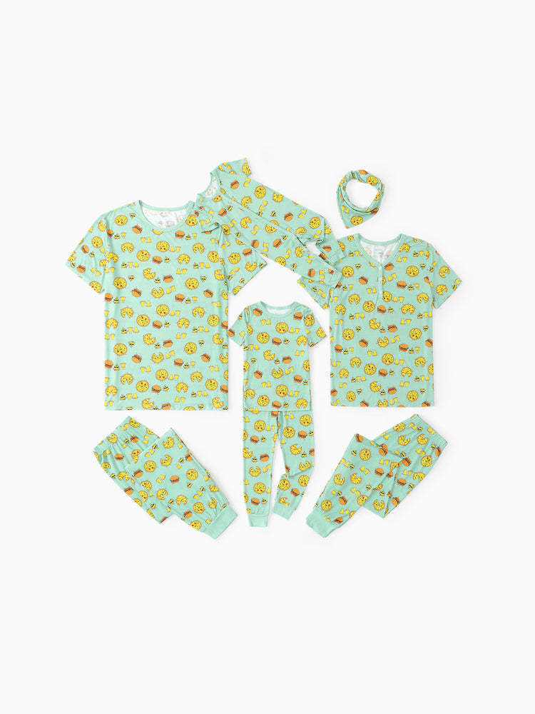 Bamboo Family Mint Green PJs Cute Cartoon Food Theme Print Short Sleeve & Long Pants Sleepwear Matching Pajama set (Snug-Fitting for Children) Light Blue