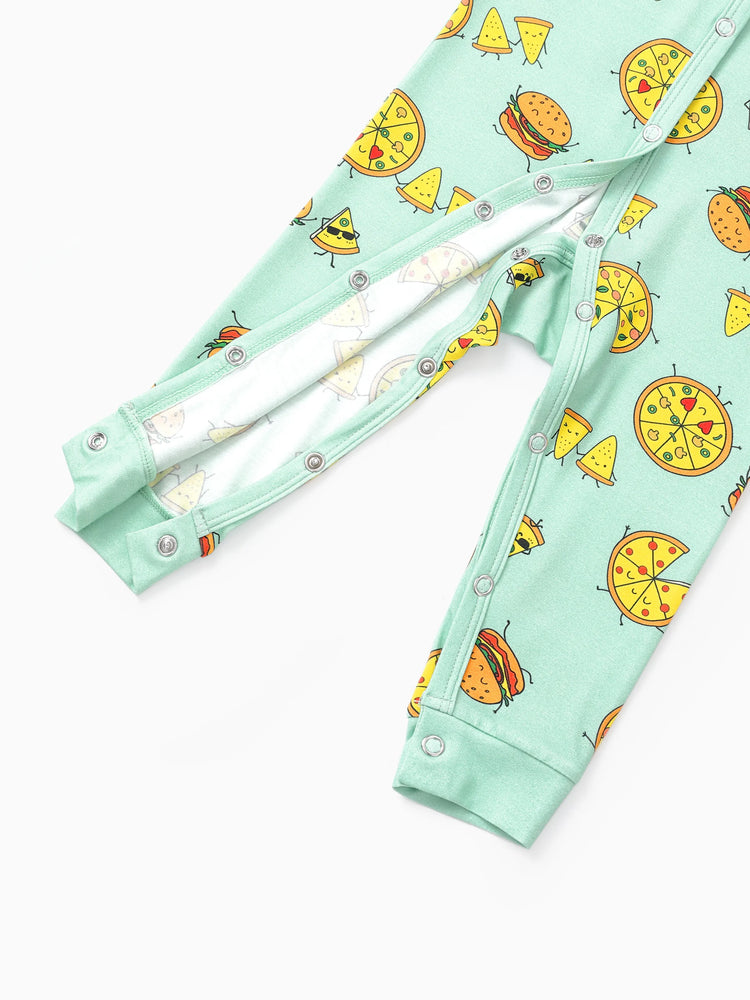 Pijamas familiares de bambú color menta para papá e hijo con estampado de tema de comida de dibujos animados, camiseta de manga corta y pantalones largos, conjunto de pijama a juego (ajustado para niños) Azul claro