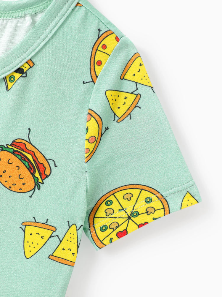 Pyjama vert menthe Bamboo Family, imprimé dessin animé mignon sur le thème de la nourriture, manches courtes et pantalon long, ensemble de pyjama assorti (ajusté pour les enfants) bleu clair