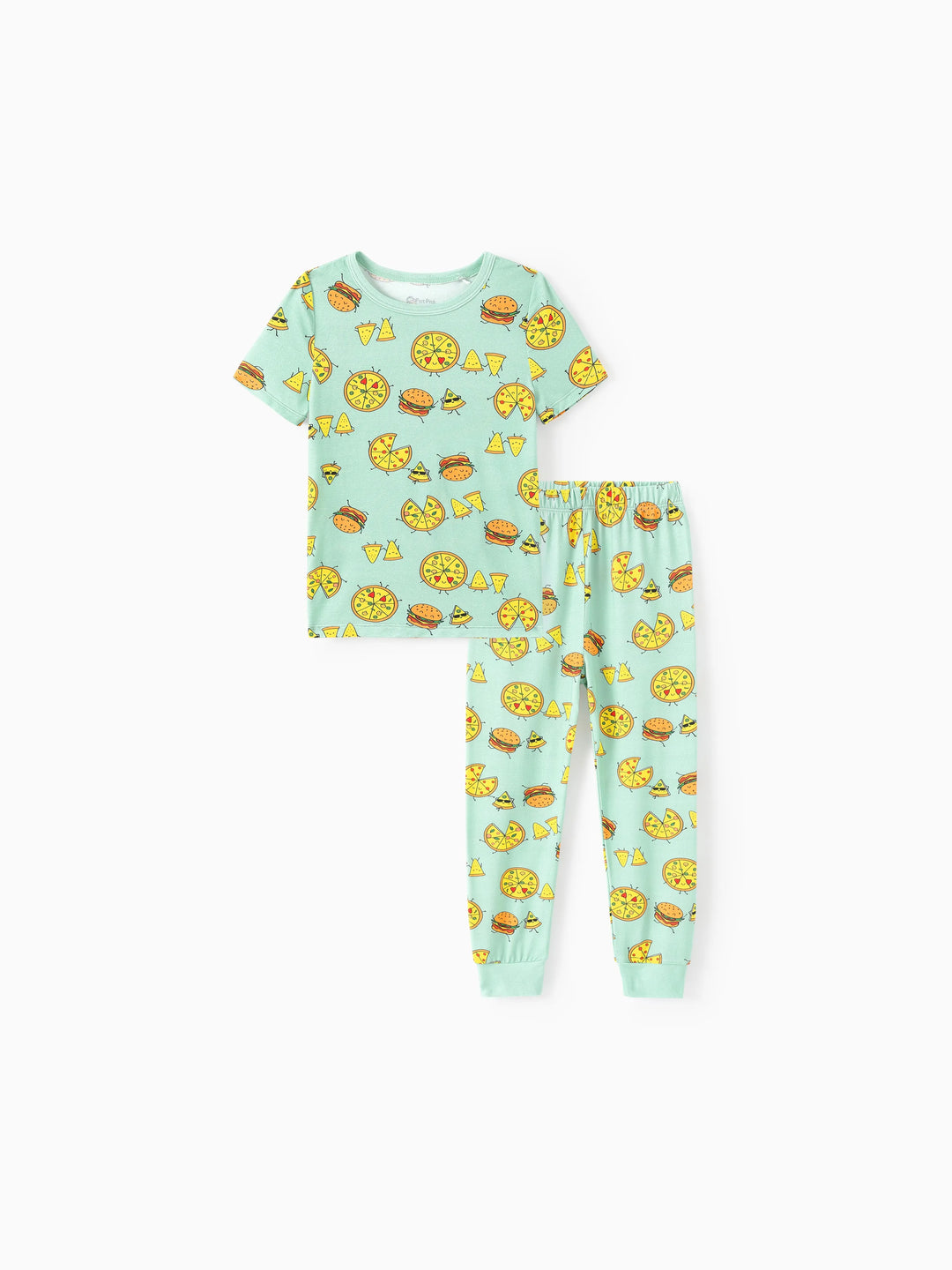 Pijama familiar de bambú verde menta con estampado de dibujos animados de comida, manga corta y pantalones largos, conjunto de pijama a juego (ajuste ceñido para niños), azul claro