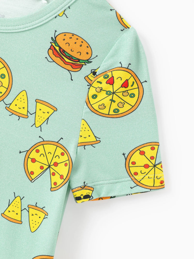 Pyjama vert menthe Bamboo Family, imprimé dessin animé mignon sur le thème de la nourriture, manches courtes et pantalon long, ensemble de pyjama assorti (ajusté pour les enfants) bleu clair