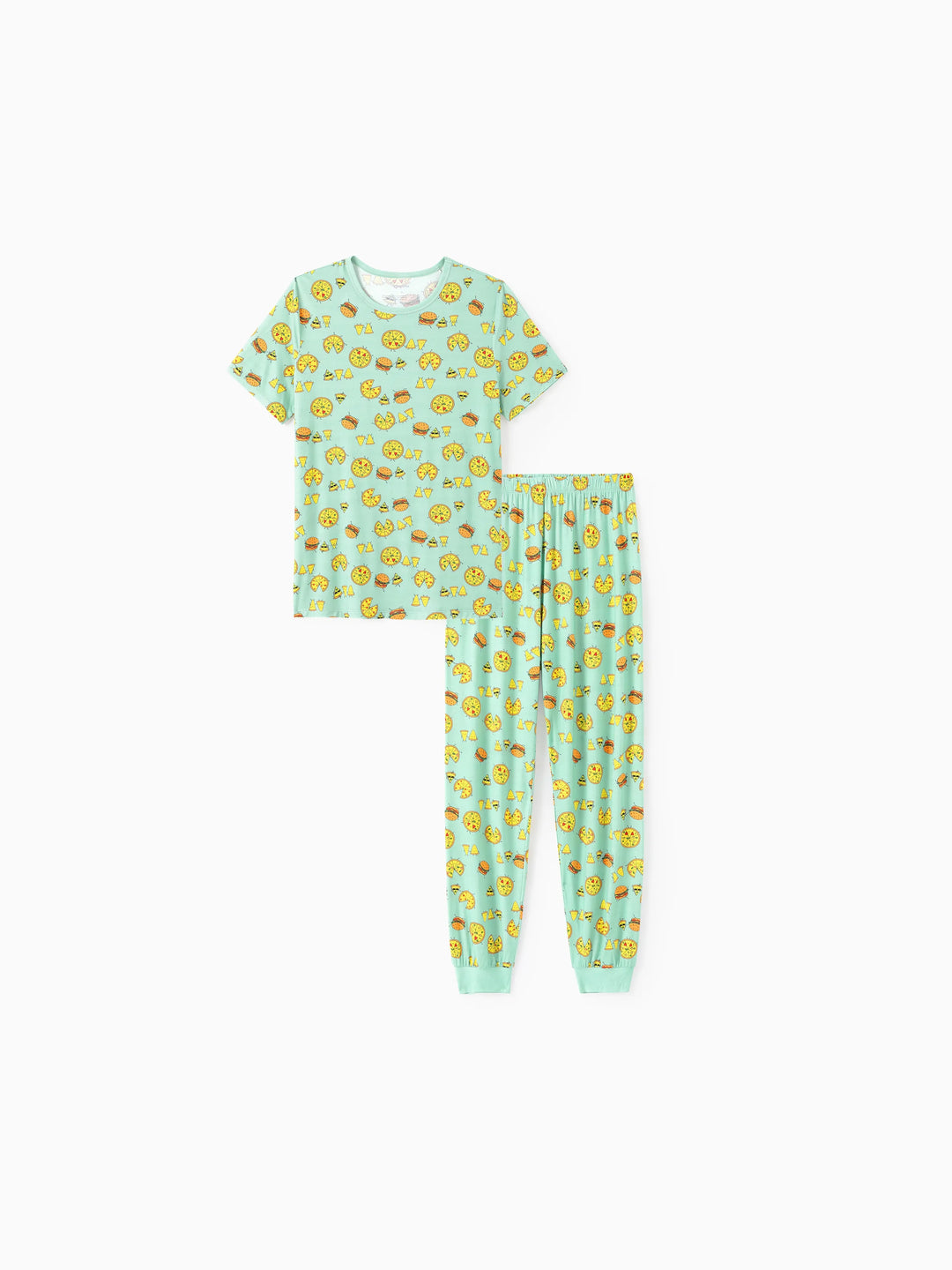 Pijama familiar de bambú verde menta con estampado de dibujos animados de comida, manga corta y pantalones largos, conjunto de pijama a juego (ajuste ceñido para niños), azul claro