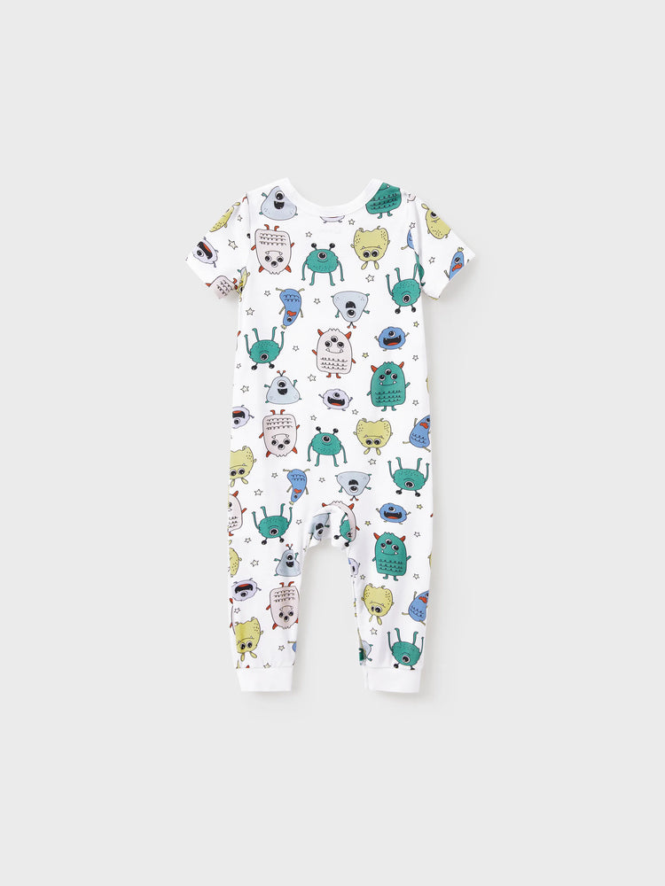 Pyjama familial en bambou, imprimé petit monstre mignon, manches courtes, ensemble assorti (ajusté pour les enfants) blanc