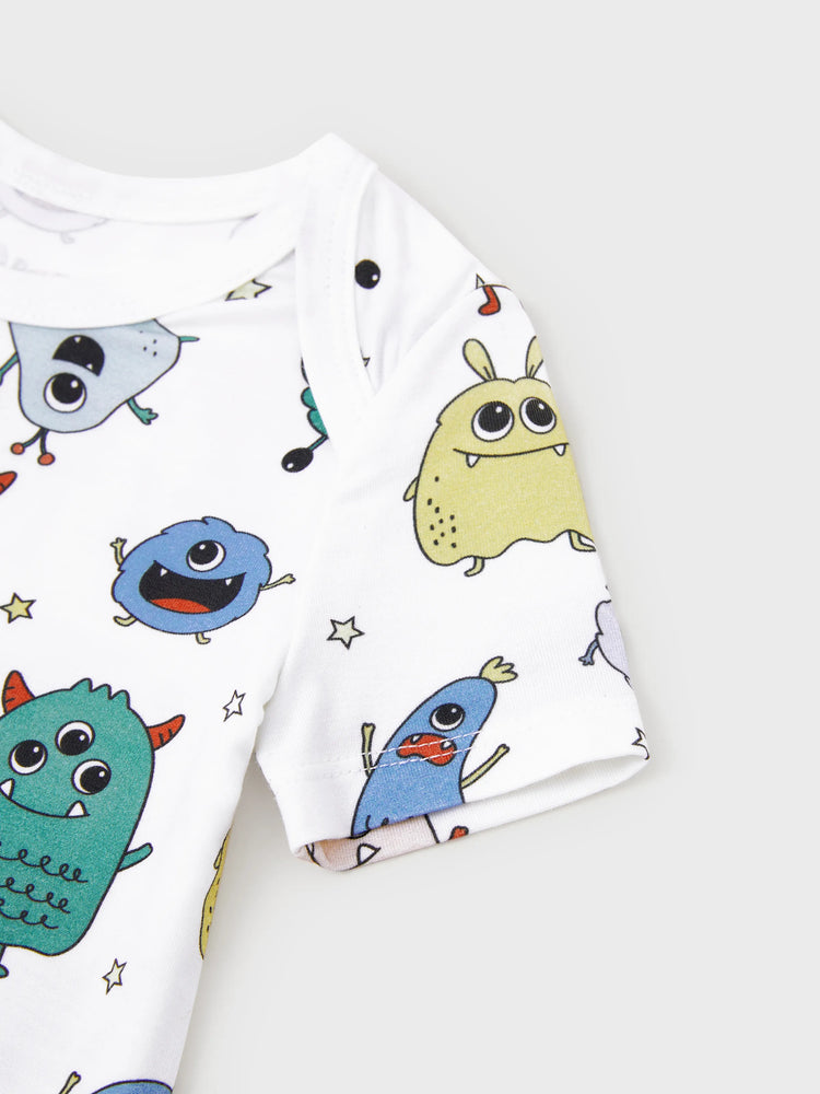 Mommy & me Bamboo Family Pajamas Cute Little Monster Print Short-sleeve Matching Pajama Set ( Snug-Fitting for Children ) White
