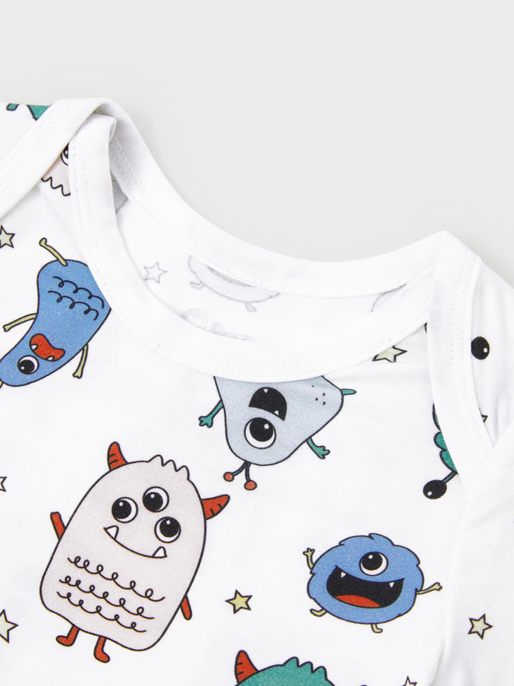 Pyjama familial en bambou, imprimé petit monstre mignon, manches courtes, ensemble assorti (ajusté pour les enfants) blanc