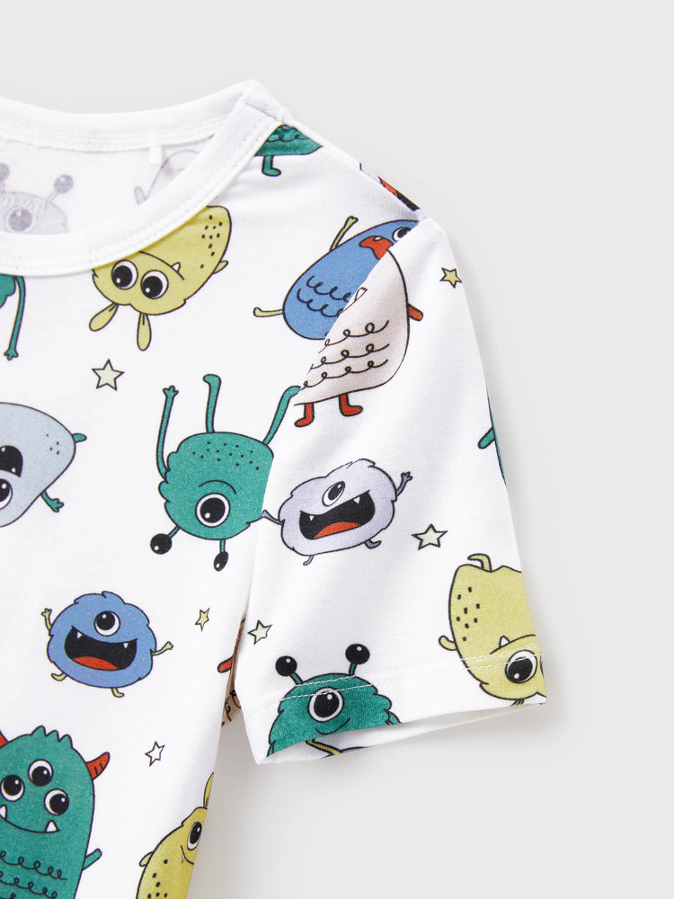 Mommy & me Bamboo Family Pajamas Cute Little Monster Print Short-sleeve Matching Pajama Set ( Snug-Fitting for Children ) White
