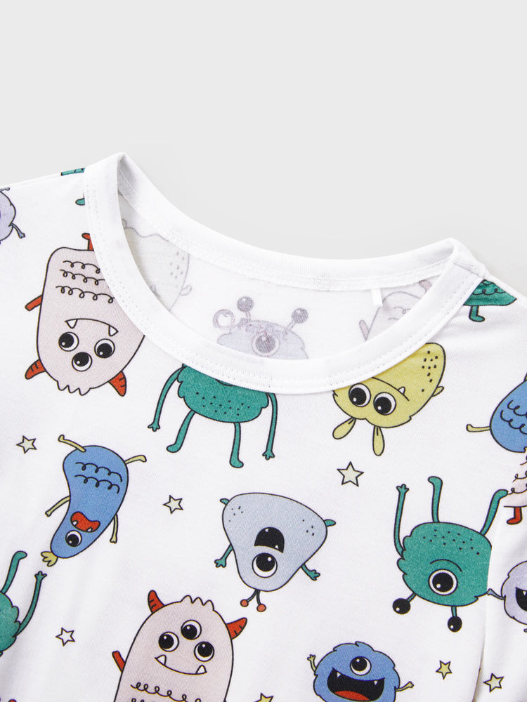 Pyjama familial en bambou, imprimé petit monstre mignon, manches courtes, ensemble assorti (ajusté pour les enfants) blanc