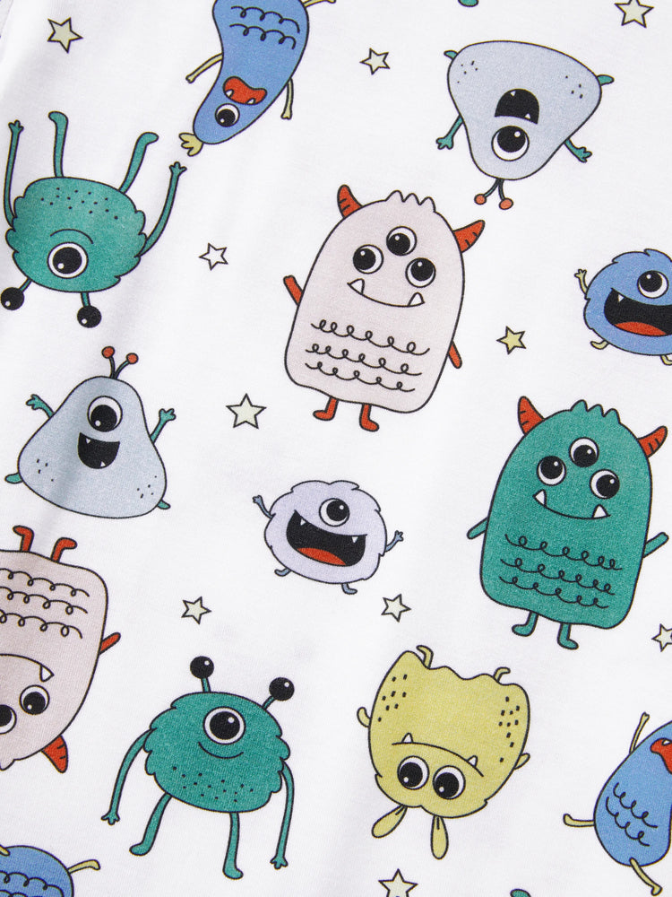 Pyjama familial en bambou, imprimé petit monstre mignon, manches courtes, ensemble assorti (ajusté pour les enfants) blanc