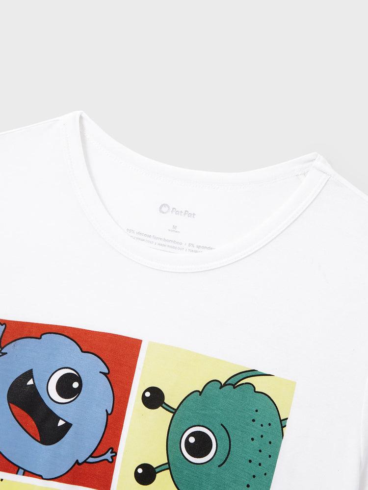 Pyjama familial en bambou, imprimé petit monstre mignon, manches courtes, ensemble assorti (ajusté pour les enfants) blanc